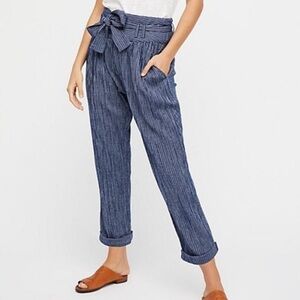 Free People RUMORS Yarn Dye Harem Pinstripe Paperbag‎ Pants High Waist Navy 8
